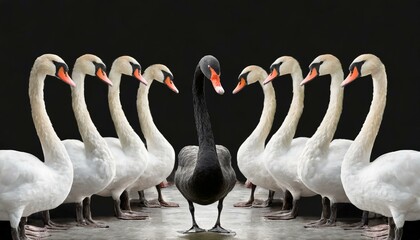 One black swan in a flock of white swans illustrating an anomaly or oddity - obrazy, fototapety, plakaty