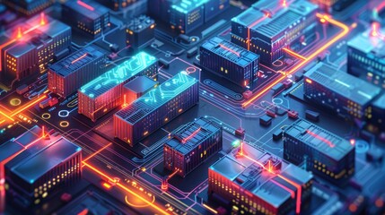 An advanced high-tech industrial zone concept with illuminated structures and circuits, depicting a networked and automated urban area. - obrazy, fototapety, plakaty