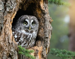 Endangered spotted owl peering from a hole in a tree in an old-growth forest