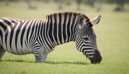 Fototapeta na wymiar A Zebra With Its Head Lowered Munching On Grass