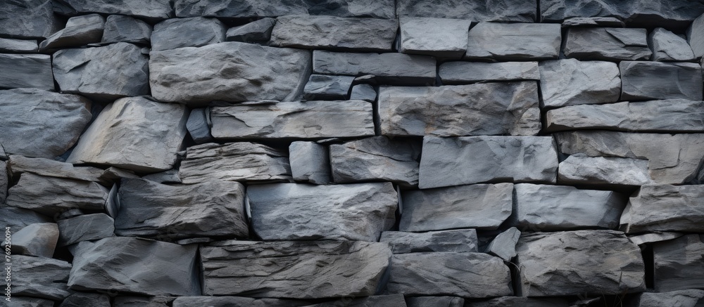 Poster a detailed close up of a stone wall constructed with large grey rocks, showcasing the intricate patt