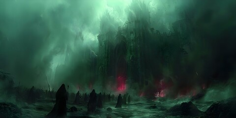 Digital artwork depicting a fantasy battle scene with orcs elves soldiers demons and a dark atmospheric background. Concept Fantasy Battle, Orcs, Elves, Soldiers, Demons, Dark Atmosphere - obrazy, fototapety, plakaty