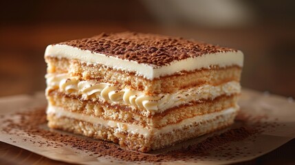 Tiramisu is a classic dessert layered with coffee-soaked ladyfingers, rich mascarpone cheese, and dusted with cocoa powder, creating a decadent and indulgent flavor experience.
