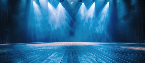 Spotlights shine on vacant stage with blue backdrop.