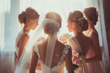 Bride accompanied by her bridesmaids on her wedding day - obrazy, fototapety, plakaty
