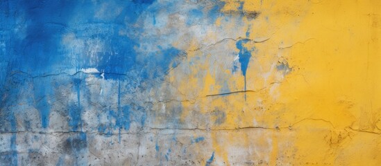 Fototapeta na wymiar A vibrant close-up photo showing a wall painted in yellow and blue hues, featuring a white bird perched on the surface