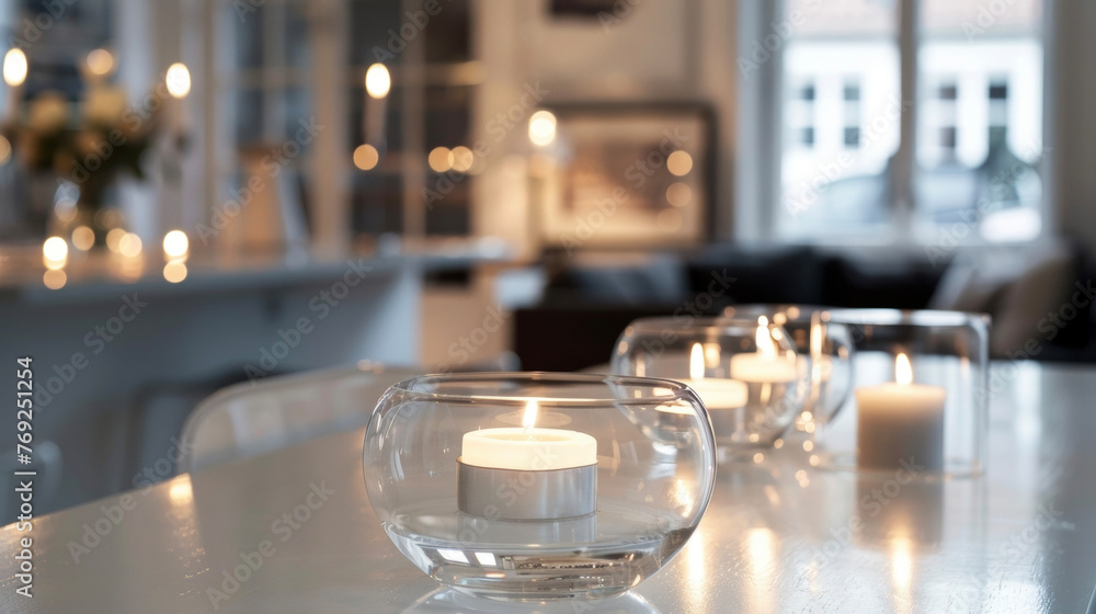 Poster in a display of pure simplicity a clear glass bowl filled with water and floating candles is set in 