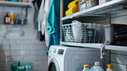 A compact laundry room with smart storage solutions such as hanging racks and shelves to save space. . . - obrazy, fototapety, plakaty