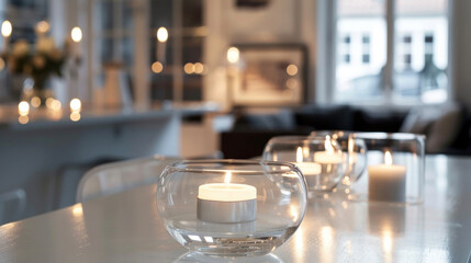 In a display of pure simplicity a clear glass bowl filled with water and floating candles is set in the middle of a crisp white table . . - obrazy, fototapety, plakaty