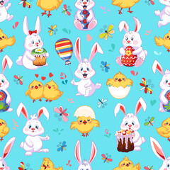 Happy Easter seamless pattern with Easter bunny, eggs and chickens - 769251297