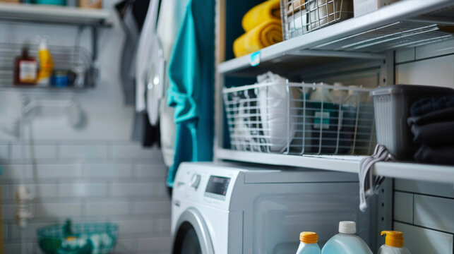 A compact laundry room with smart storage solutions such as hanging racks and shelves to save space. . .