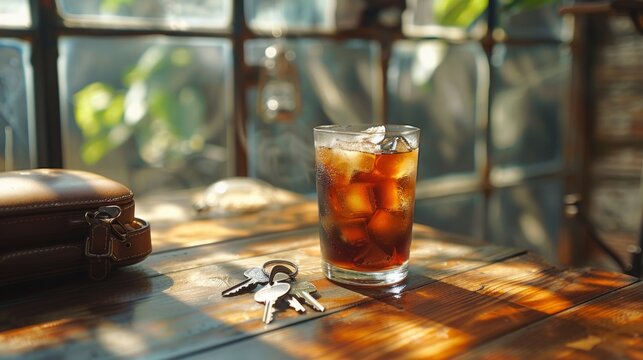 Iced coffee on table with sunlight and keys
