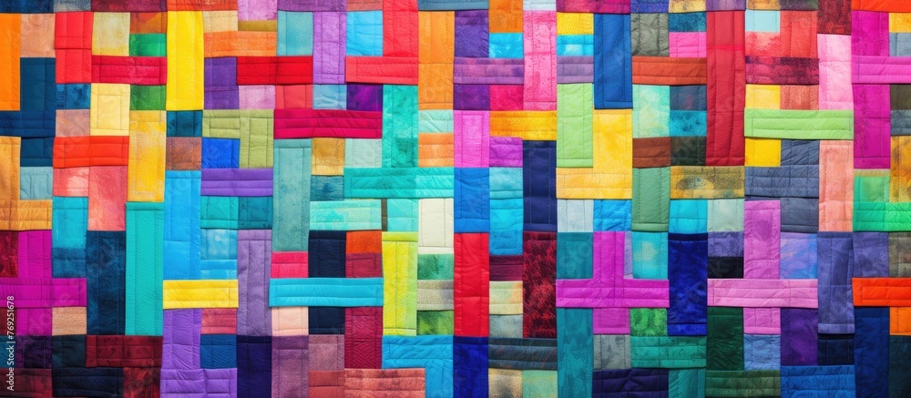 Poster colorful quilt displaying a variety of squares in different hues and patterns, creating a vibrant an