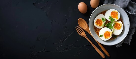 Stewed or hard-boiled eggs with sweet gravy in white bowl with wooden utensils on black background - Thai cuisine setting - Powered by Adobe