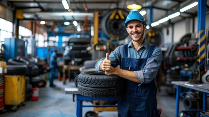 Mechanic giving thumbs up by car tire in busy auto shop, symbolizing top notch service. - obrazy, fototapety, plakaty