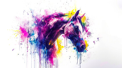 A watercolor-painted horse, each stroke revealing vibrant hues that blend into a dreamlike forest of neon flora