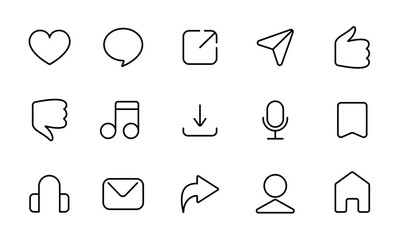 ソーシャルメディアのアイコンセット/メッセージ/コメント/共有/メール/サムズアップ/評価/音符/マイク/ホームボタン/アカウント/グッドボタン/イラスト/ベクター