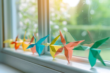A series of origami wind turbines lined up on a windowsill. generative AI	
