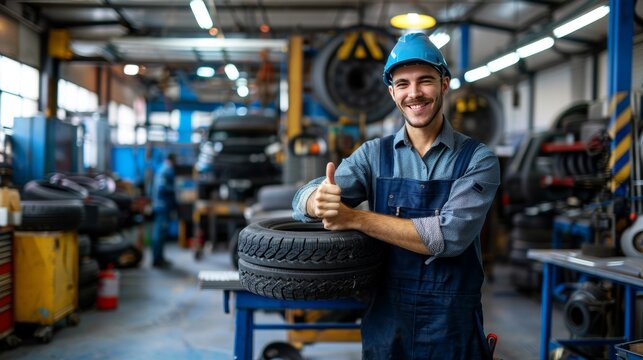 Mechanic giving thumbs up by car tire in busy auto shop, symbolizing top notch service.