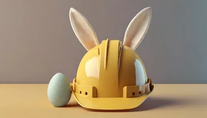 Poster yellow protective helmet with rabbit ears and an egg colored as a symbolic house creative easter template for a construction architectural or a real estate company © Nathaniel