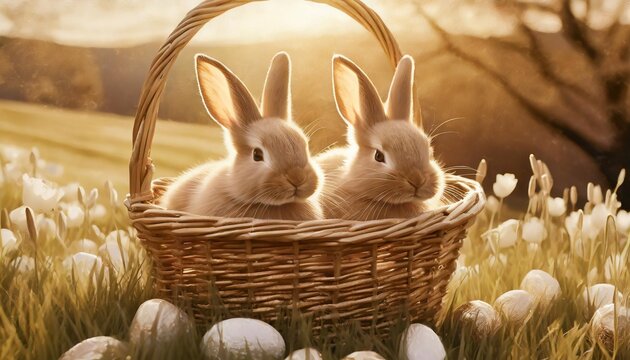 cute easter illustration of bunnies in easter basket