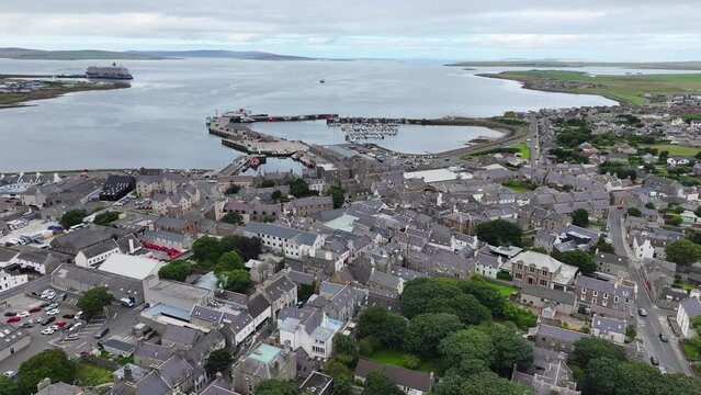 Kirkwall, Scotland UK. Aerial View of Harbour and Cityscape, Drone Shot