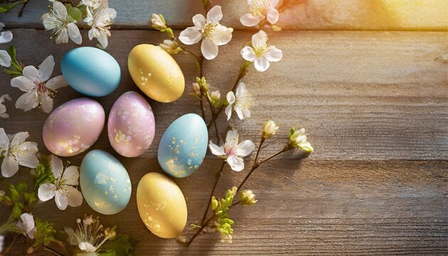 above top view of multi colored painted easter eggs on wooden background easter background with spring flowers and eggs celebrating easter holidays