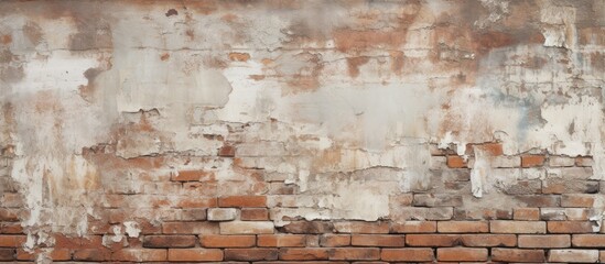 A detailed close up of a brown brick wall with peeling paint, creating a textured and rustic look. The buildings natural landscape blends with the citys horizon