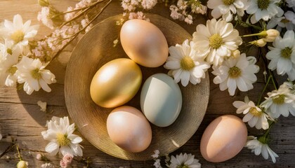 Fototapeta na wymiar flat lay of easter eggs in pastel colors with beautiful spring flowers