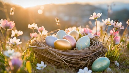 Fototapeta na wymiar colorful easter eggs in a nest decorated with spring flowers celebrating easter outdoors