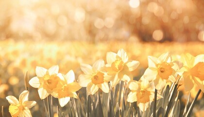 fresh yellow daffodil flower bed isolated on background overlay texture for happy easter greetings in spring - obrazy, fototapety, plakaty