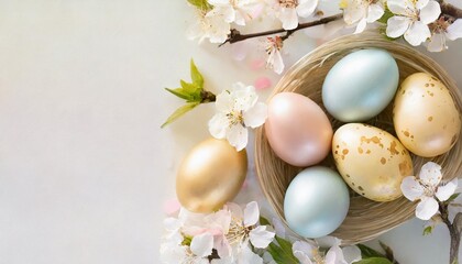 Fototapeta na wymiar happy easter colorful easter eggs with blossoms and spring flowers flat lay on light background stylish tender spring template with space for text greeting card or banner copy space