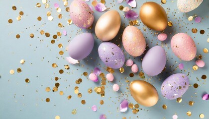 Fototapeta na wymiar top view photo of easter decorations multicolored easter eggs gold pink and violet confetti on isolated pastel blue background