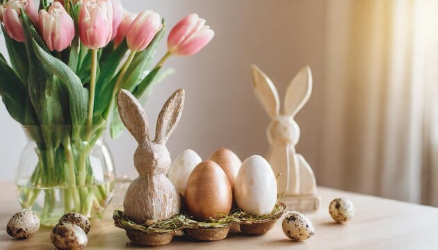 happy easter beautiful tulips natural eggs and bunny decoration on modern table stylish farmhouse easter decor handmade egg holder pink tulips bouquet and wooden bunnies