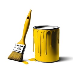 Yellow paint in a jar with a brush on a white background
