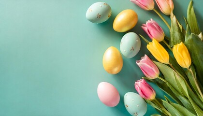 easter celebration concept top view photo of colorful easter eggs and bunches of yellow and pink tulips on isolated teal background with copyspace - obrazy, fototapety, plakaty