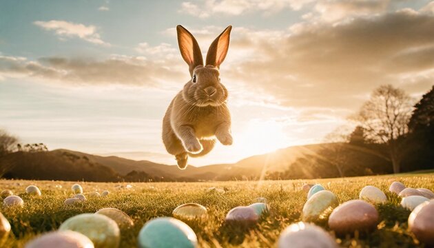 happy easter bunny jumping with joy with many easter eggs