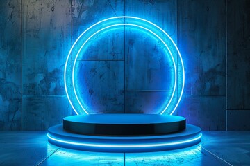 Beautiful modern futuristic podium with neon blue lighting for product presentation