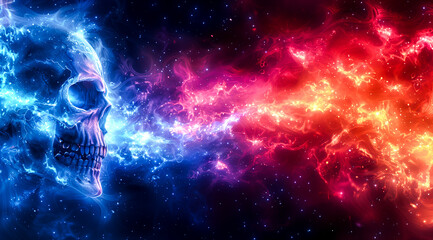 A vivid digital illustration of a skull engulfed in a swirling clash of blue and red nebulae against a dark space background