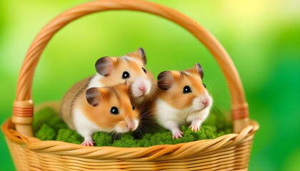 A basket filled with adorable hamsters on a grass in the bokeh background