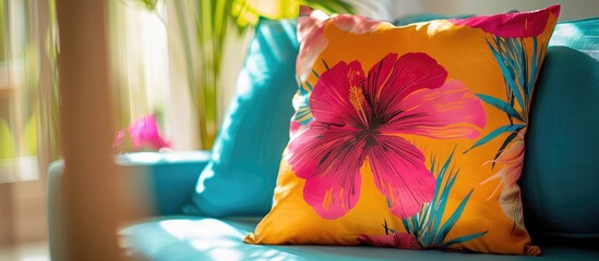 Photograph of a vibrant silk cushion on a pillow, capturing modern furniture. Select a focal point.