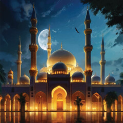 Fototapeta na wymiar Beautiful Mosque an moon at night 