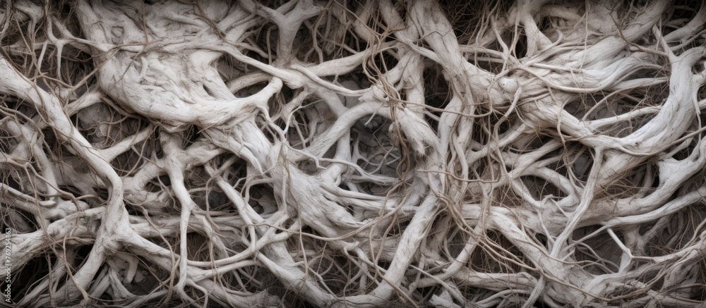 Poster a tree with an abundance of intricate branches and visible roots spreading in all directions