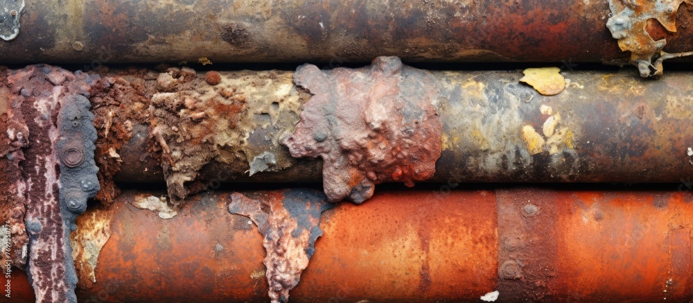 Poster an up-close view of a cluster of weathered metal pipes with a coating of rust and oxidation, showcas