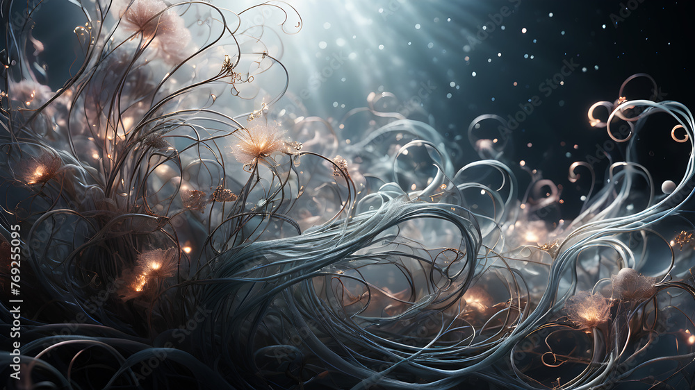 Poster create an ethereal abstract background with delicate wisps and tendrils intertwining in soft, muted 