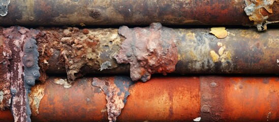 An up-close view of a cluster of weathered metal pipes with a coating of rust and oxidation, showcasing their aged appearance and deterioration