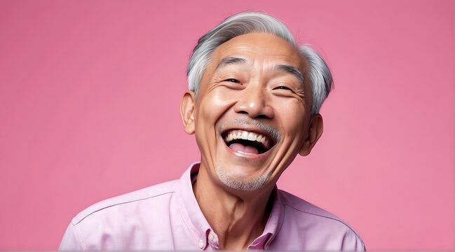 young asian elderly man on plain bright pink background laughing hysterically looking at camera background banner template ad marketing concept from Generative AI