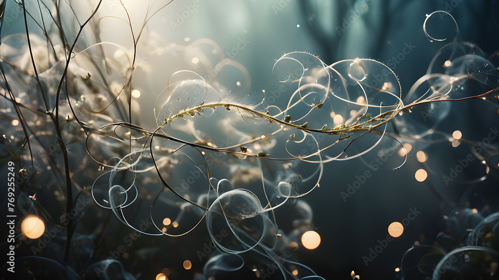 Poster create an ethereal abstract background with delicate wisps and tendrils intertwining in soft, muted 