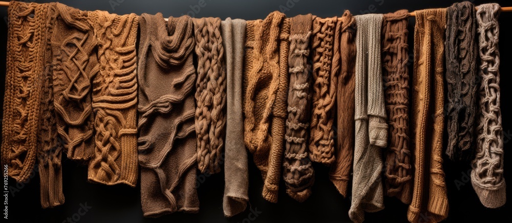 Poster a close up of a diverse range of colored knitted fabrics displayed on a line, showcasing different h