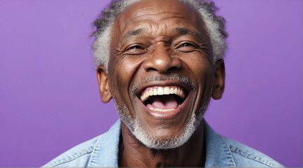 young black african elderly man on plain bright purple background laughing hysterically looking at camera background banner template ad marketing concept from Generative AI